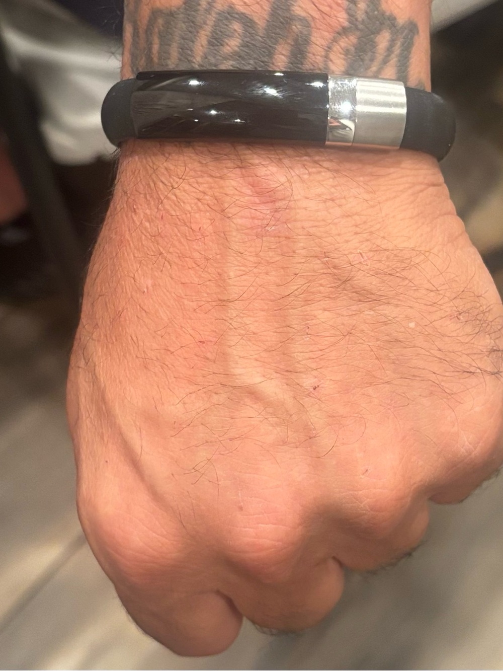 Black Silicone Mens  Bracelet with Silver Accent and onyx like stone